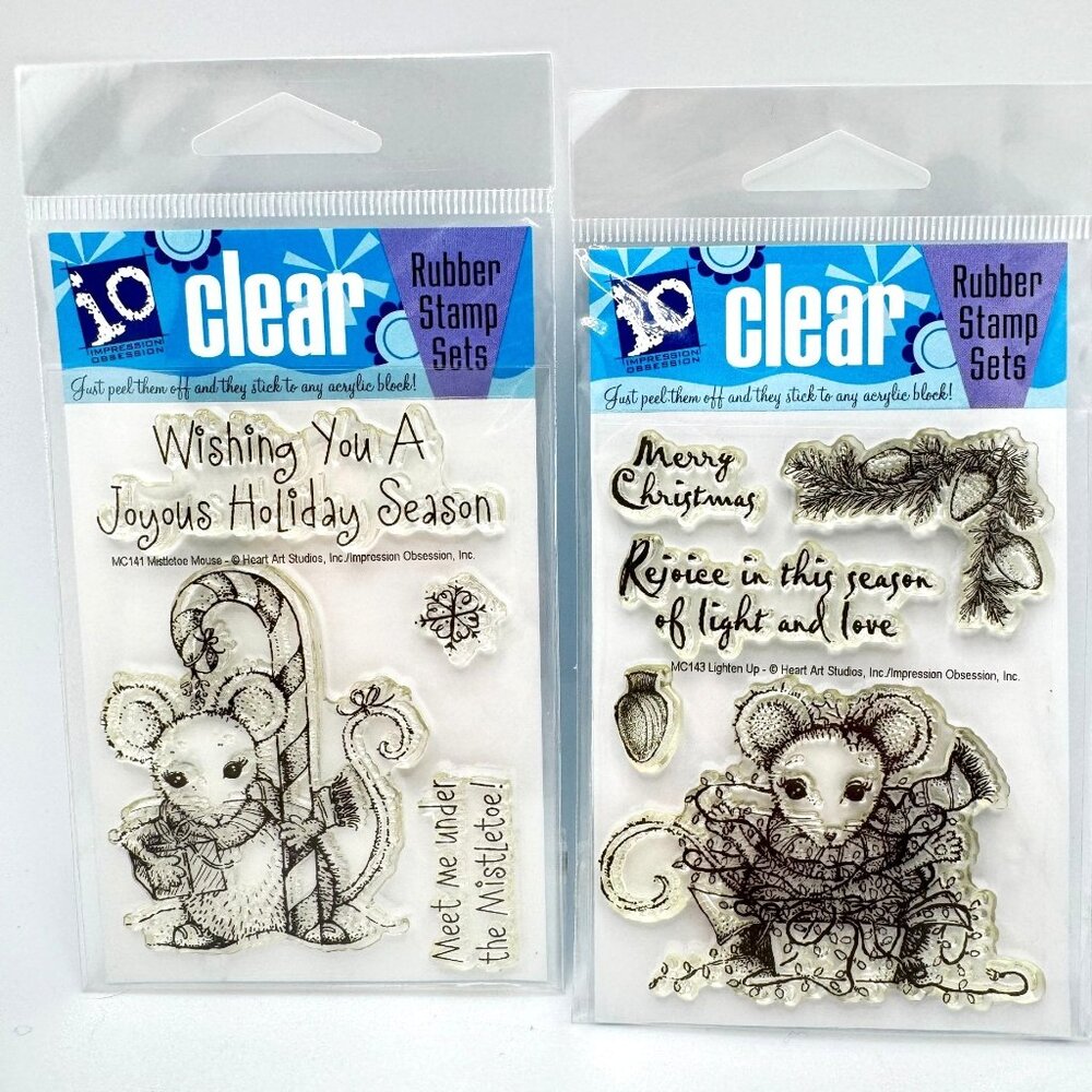 Impression Obsession Holiday Clear Rubber Stamps Set Of 2 Festive Mouse Designs